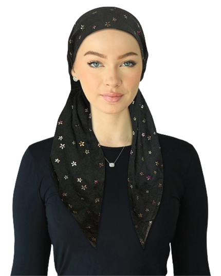 Cherie SPC310A-BKMU Black/Multi Foil Flowers Adjustable Closed Back Pre-Tied Bandanna Myselflingerie.com