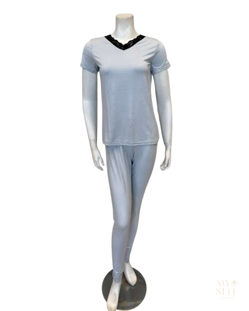 Jackie O'Loungewear VPJ-S/S-LTB Light Blue Short Sleeve V Neck Modal Pajamas Set Myselflingerie.com