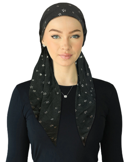 Cherie SPC310A-BKS Black/Silver Foil Flowers Adjustable Closed Back Pre-Tied Bandanna Myselflingerie.com