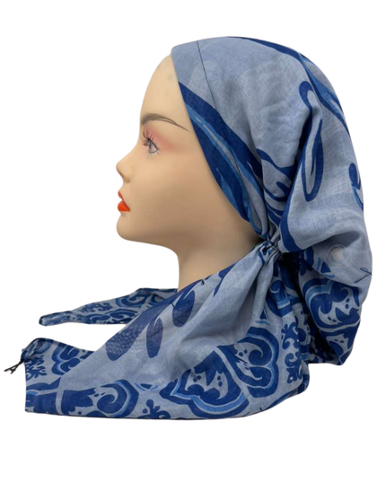 Ahead VT2799 Cobalt Flora Crest Versatile Style Long Tails Open Back Pre-Tied Bandanna Myselflingerie.com