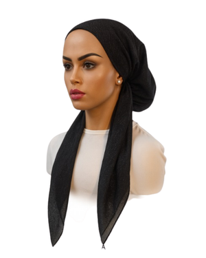 Ahead Black Wovara Solid Israeli Style Long Tails Pre-Tied Bandanna