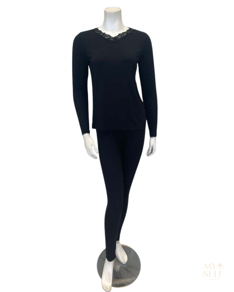 Jackie O'Loungewear VPJ-L/S-BLK Black V Neck Long Sleeve Modal Pajamas Set Myselflingerie.com
