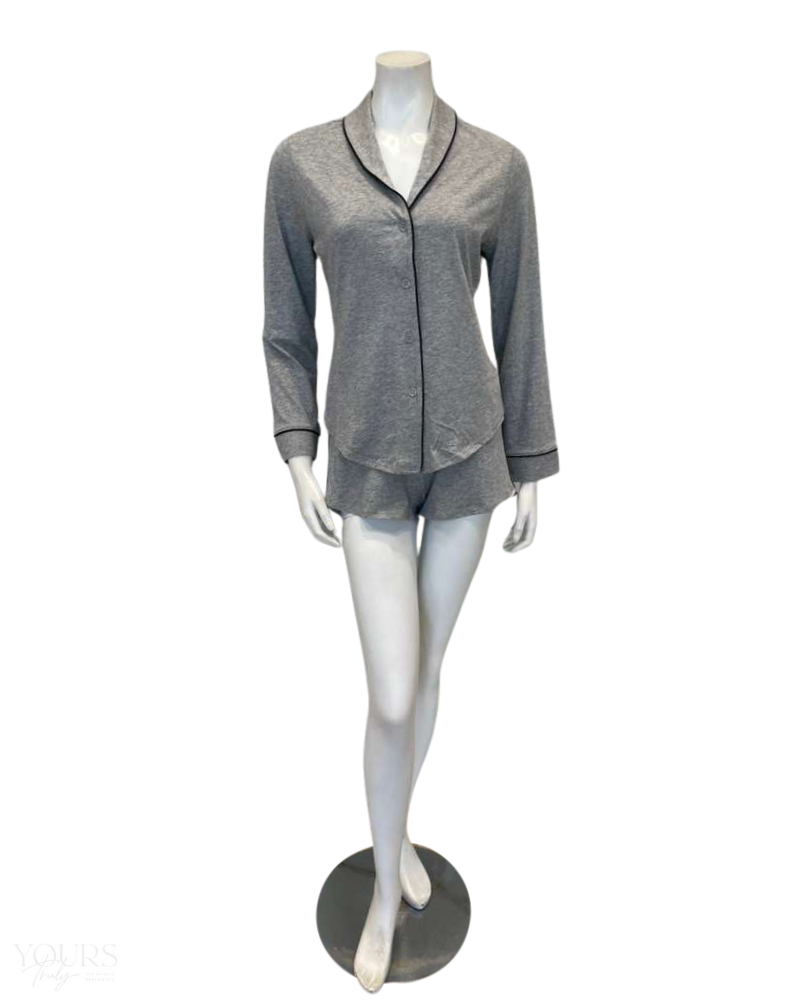 Cosabella PIMAL9563 Heather Grey/Black Pima Lusso Cotton Blend Long Sleeve Shorts Pajamas Set Myselflingerie.com