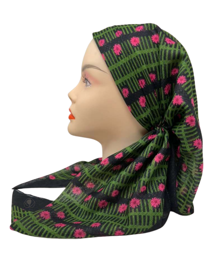 OB-GRN-PKFL Small Pink Flowers on Green Pre-tied Open Back Bandanna with Velvet Grip