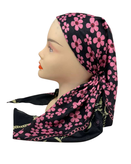 It's Younique OB-PI-FL Pink Flowers with Chain Border Pre-Tied Open Back Bandanna with Velvet Grip Myselflingerie.com