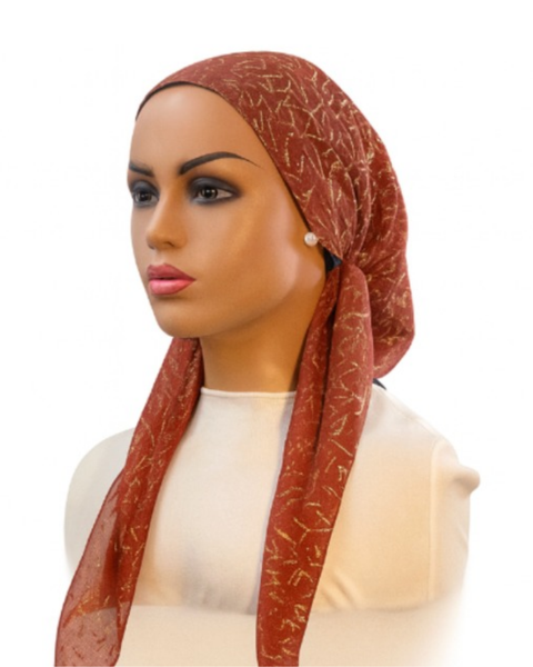 Ahead IT2820 Cranberry Script Israeli Style Long Tails Pre-Tied Bandanna Myselflingerie.com