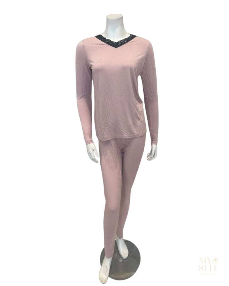 Jackie O'Loungewear VPJ-L/S-PNK PINK V Neck Long Sleeve Modal Pajamas Set Myselflingerie.com
