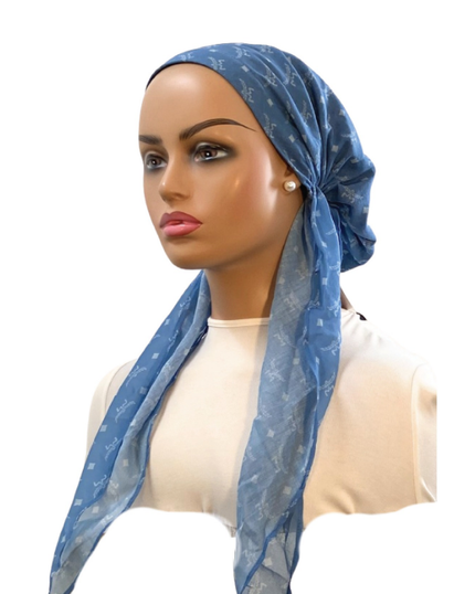 Ahead IT2796 Sea Blue Imprint Israeli Style Long Tails Pre-Tied Bandanna Myselflingerie.com