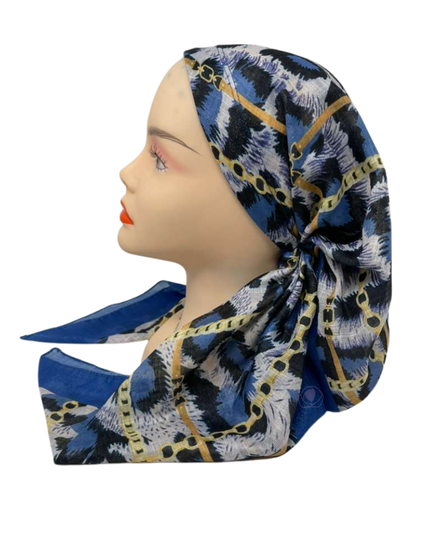 It's Younique OB-SHIM-LECH Shimmer Bright Blue Gold Chains Pre-Tied Open Back Bandanna with Velvet Grip Myselflingerie.com