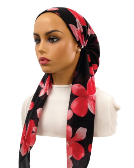 Ahead VT2897 Black Coral Inkflower Versatile Style Long Tails Open Back Pre-Tied Bandanna Myselflingerie.com