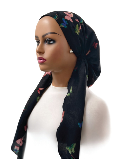 Ahead VT2976 Black Multi Flutter Garden Versatile Style Long Tails Open Back Pre-Tied Bandanna Myselflingerie.com