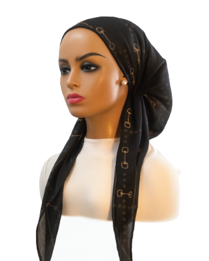 Ahead IT2774 Black Chainform Israeli Style Long Tails Pre-Tied Bandanna Myselflingerie.com