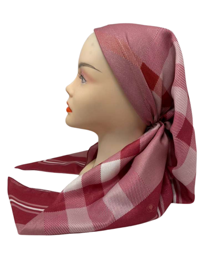 OB-SHIM-BUR-RD Red Burberry Inspired Shimmer Pre-Tied Open Back Bandanna with Velvet Grip