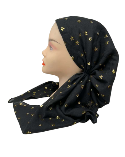Cherie SPC310A-BKG Black/Gold Foil Flowers Adjustable Closed Back Pre-Tied Bandanna Myselflingerie.com