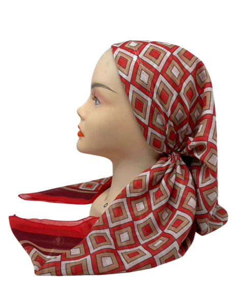 It's Younique Red/Tan Squares Pre-Tied Open Back Bandanna with Velvet Grip Myselflingerie.com
