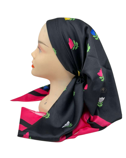 It's Younique OB-BLK-TU Multicolor Tulips with Red Border Pre-Tied Open Back Bandanna with Velvet Grip Myselflingerie.com