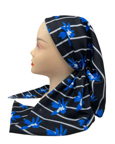 It's Younique Blue Leaves on White Pre-Tied Open Back Bandanna with Velvet Grip Myselflingerie.com