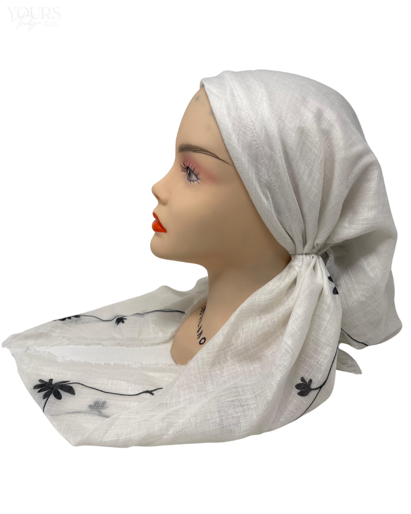 It's Younique OB-SHIM-BLK White Shimmer with Fringes Edge Black Floral Border Pre-Tied Open Back Bandanna with Velvet Grip Myselflingerie.com