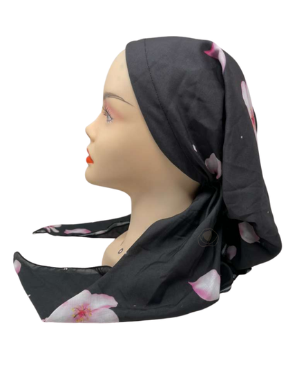 Lizi Headwear Black/Pink Falling Blossoms Open Back Adjustable Pre-Tied Bandanna with Velvet Grip