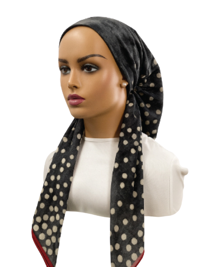 Ahead VT2879 Black Dotfall Versatile Style Long Tails Open Back Pre-Tied Bandanna Myselflingerie.com