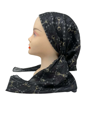 Ahead Black Print Chainform Israeli Style Long Tails Pre-Tied Bandanna