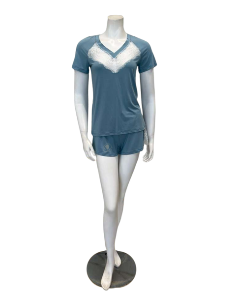 Oh! Zuza 4613 Aqua and White Lace Short Sleeve Pajamas Shorts Set Myselflingerie.com