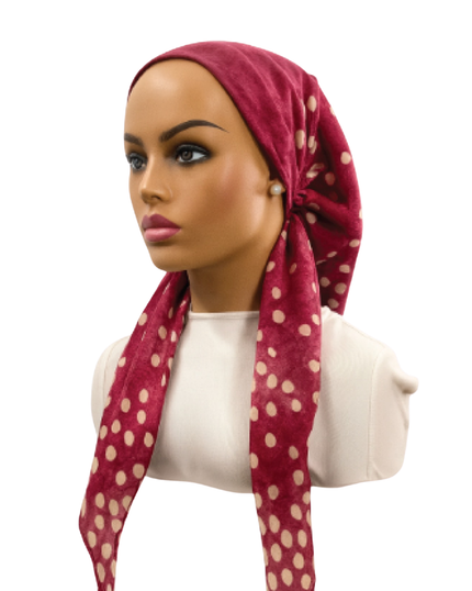 Ahead VT2879 Wine Dotfall Versatile Style Long Tails Open Back Pre-Tied Bandanna Myselflingerie.com