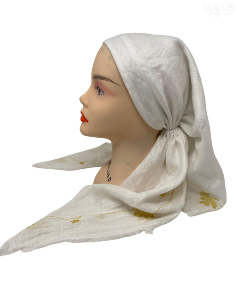 It's Younique OB-SHIM-GLD White Shimmer with Fringes Edge Gold Floral Border Pre-Tied Open Back Bandanna with Velvet Grip Myselflingerie.com