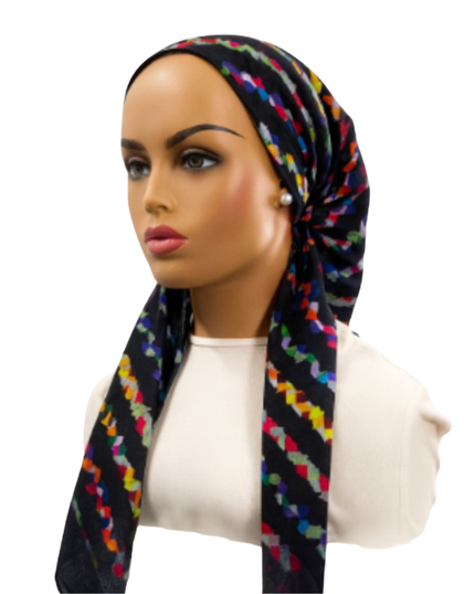 Ahead VT2876 Black Multi Signal Stripe Versatile Style Long Tails Open Back Pre-Tied Bandanna Myselflingerie.com