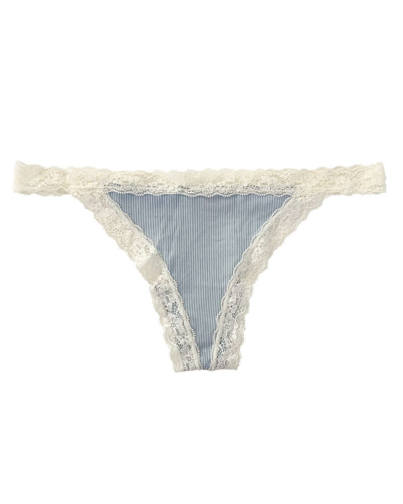 Love Libby T266 Blue Fog Rib Modal Thong With Contrast Lace Myselflingerie.com