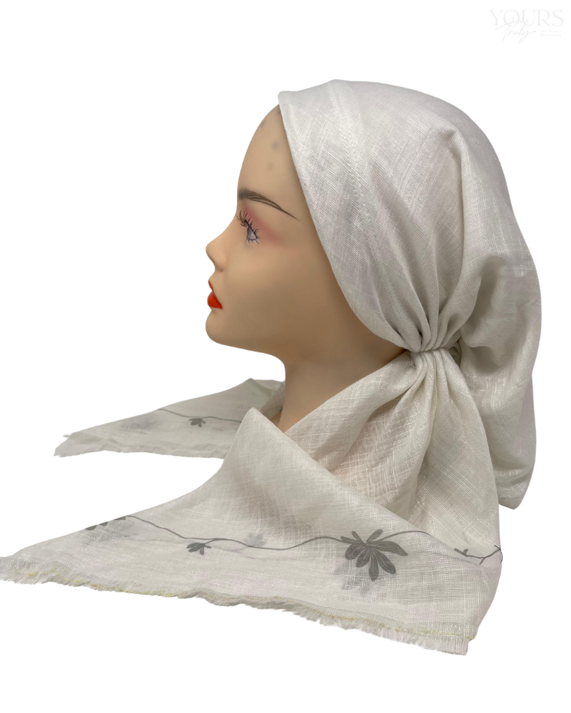 It's Younique OB-SHIM-SLV White Shimmer with Fringes Edge Silver Floral Border Pre-Tied Open Back Bandanna with Velvet Grip Myselflingerie.com