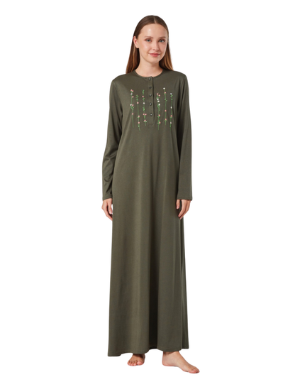 Pen-ky 11958 Khaki Floral Veins Cotton Blend Button Down Nightgown Myselflingerie.com