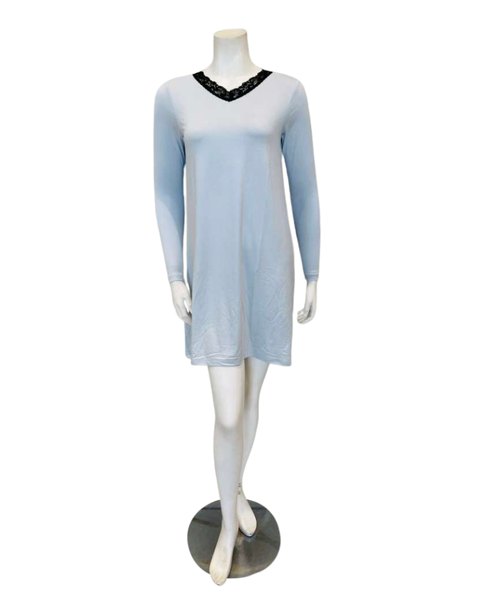 Jackie O'Loungewear NS-L/S-LTBL Light Blue V Neck Lace Long Sleeves Modal Nightshirt Myselflingerie.com