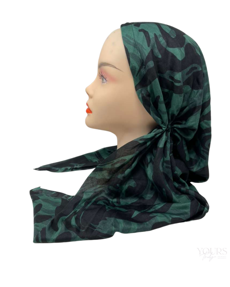 Ahead VT2592 Green Swirled Ink Versatile Style Long Tails Open Back Pre-Tied Bandanna Myselflingerie.com