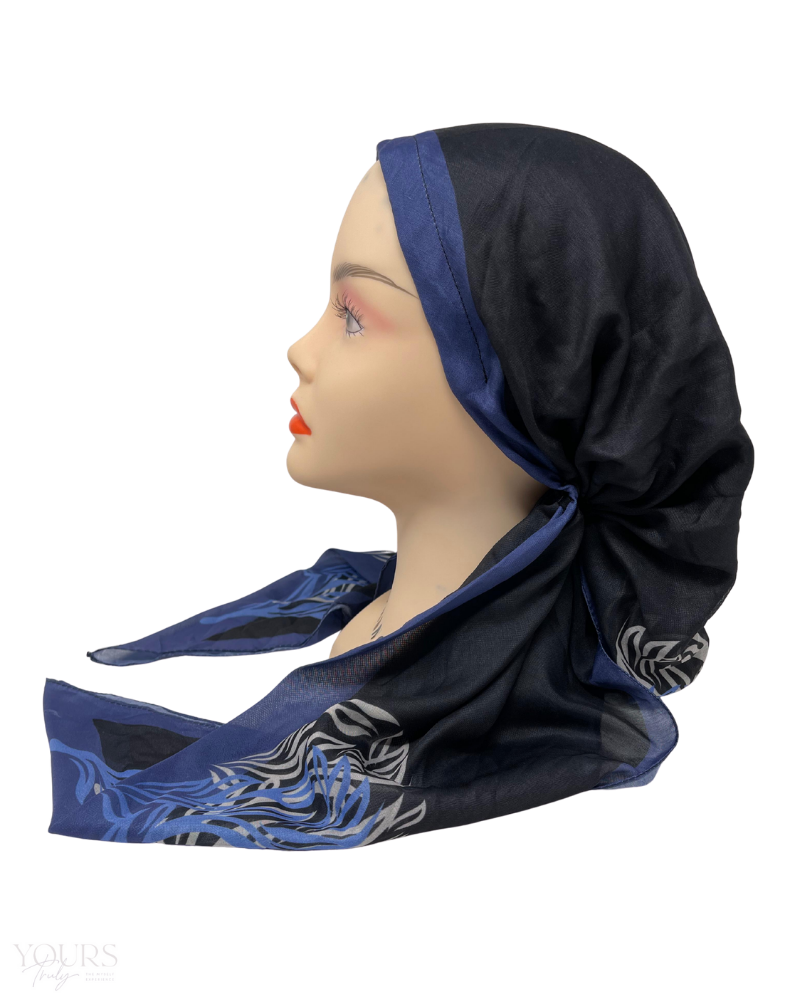 Ahead VT2596 Black/Blue Painted End Versatile Style Long Tails Open Back Pre-Tied Bandanna Myselflingerie.com