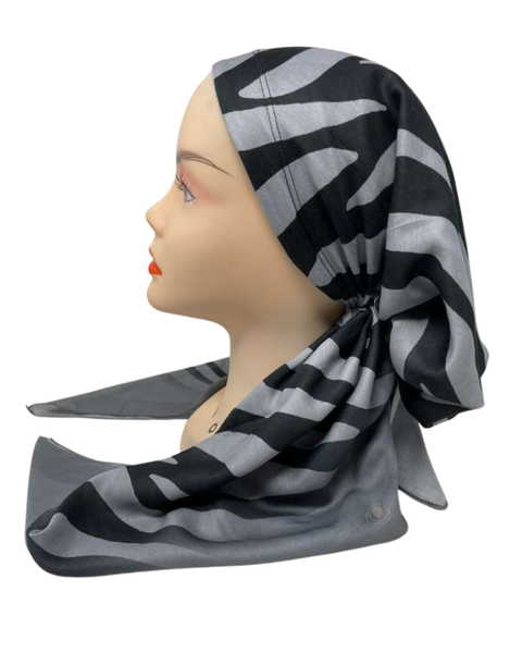 It's Younique Black on Grey Zebra Pre-Tied Bandanna with Velvet Grip Myselflingerie.com