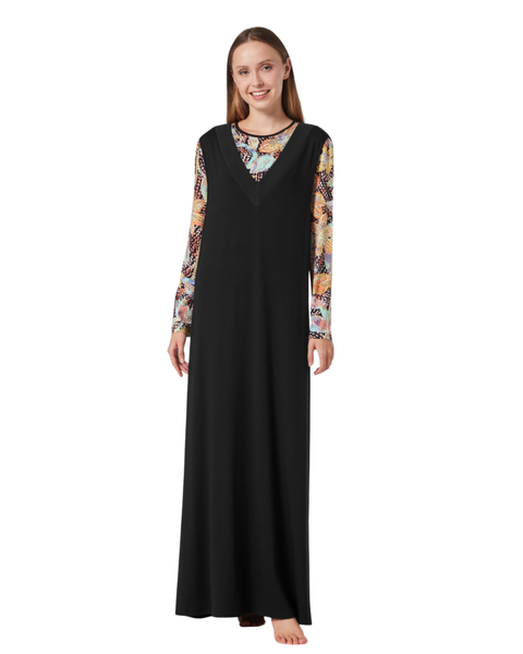 Pen-ky Black with Colorful Flowers Print Modal Coverall Nursing Nightgown Myselflingerie.com