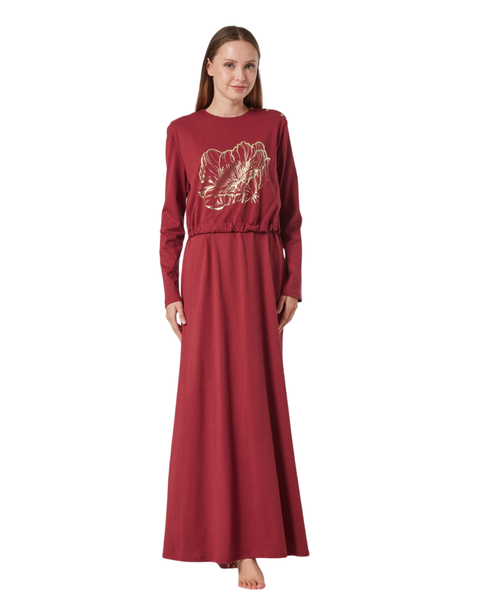 Pen-ky 11905 Bordeaux with Gold Foil Blossoming Rose Cotton Nursing Nightgown Myselflingerie.com