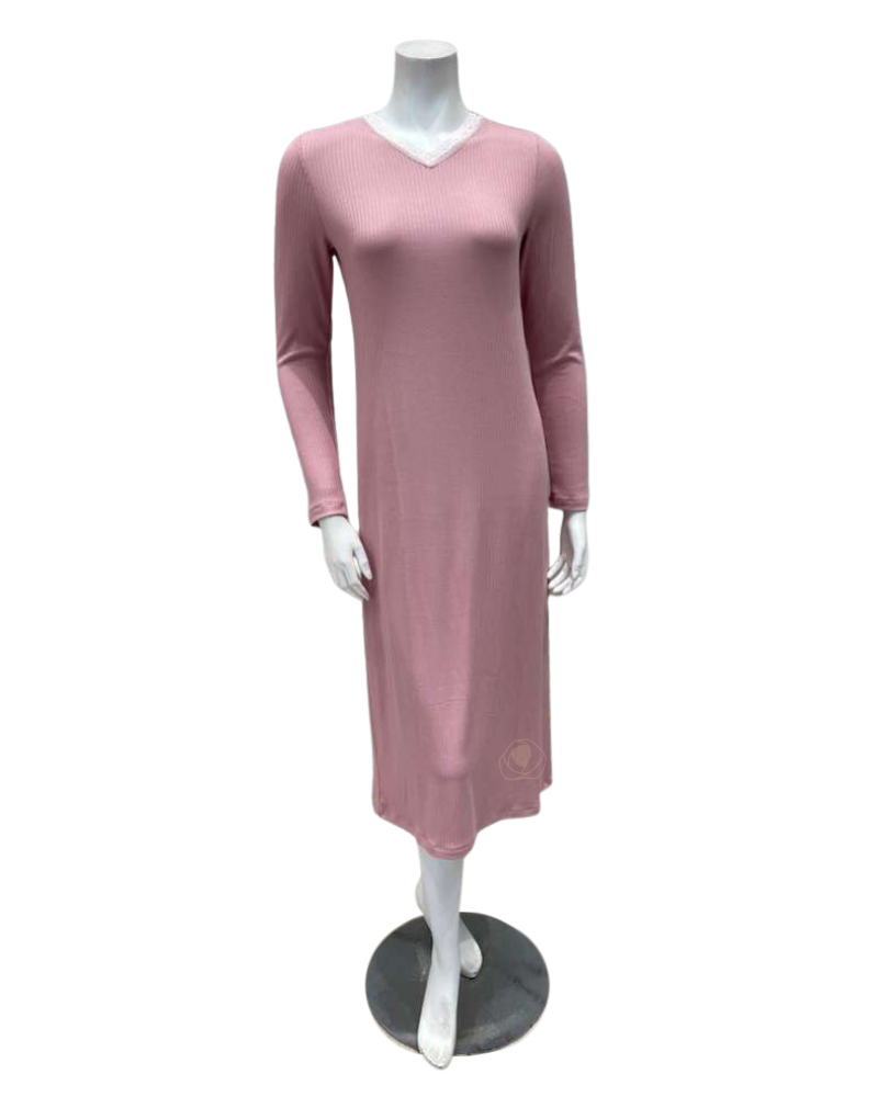 Oh! Zuza V2 Antique Rose Ribbed Lace V Neck Rosie Modal Nightshirt Myselflingerie.com