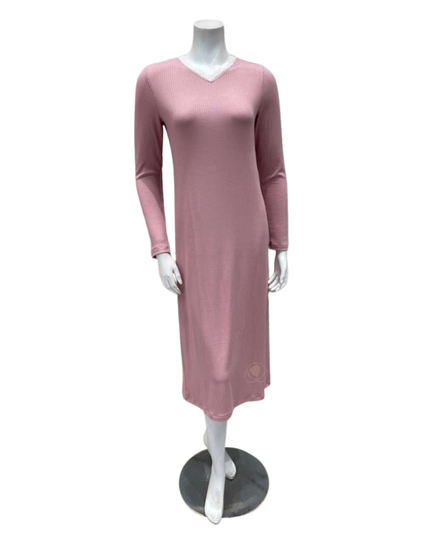 Oh! Zuza V2 Antique Rose Ribbed Lace V Neck Rosie Modal Nightshirt Myselflingerie.com