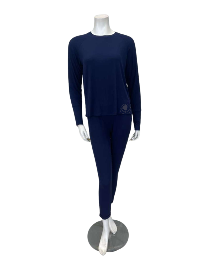 Aspen Dream BRLSL + BRLB Navy Ribbed Long Sleeve & Joggers Bamboo Pajamas Set Myselflingerie.com