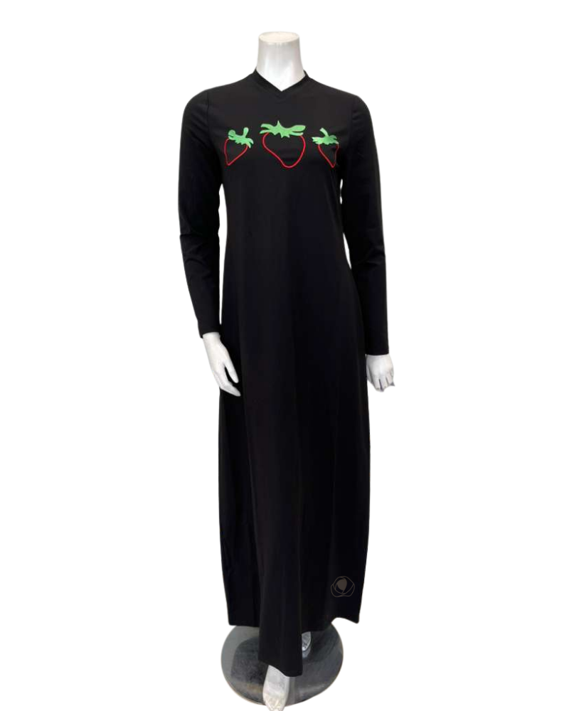 Angelice Black Strawberry Design V Neck Pull On Cotton Blend Teen Nightgown Myselflingerie.com