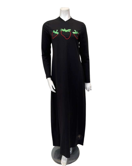 Angelice Black Strawberry Design V Neck Pull On Cotton Blend Teen Nightgown Myselflingerie.com