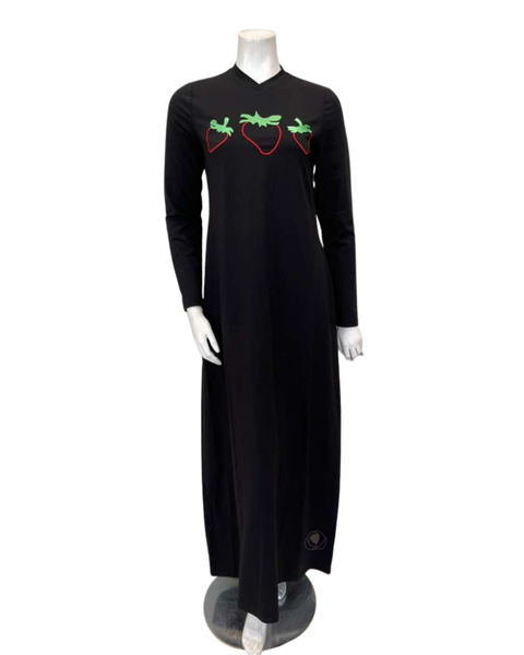 Angelice Black Strawberry Design V Neck Pull On Cotton Blend Teen Nightgown Myselflingerie.com