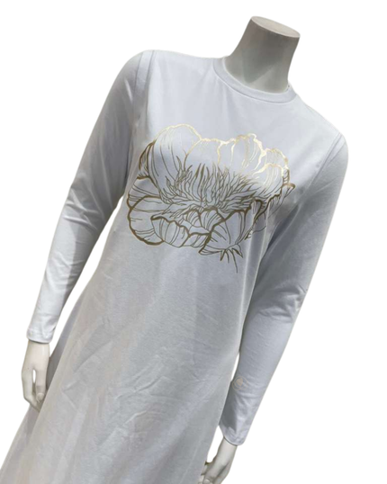 Pen-ky 12915 White with Gold Foil Blossoming Rose Cotton Coverall Nursing Nightgown Myselflingerie.com