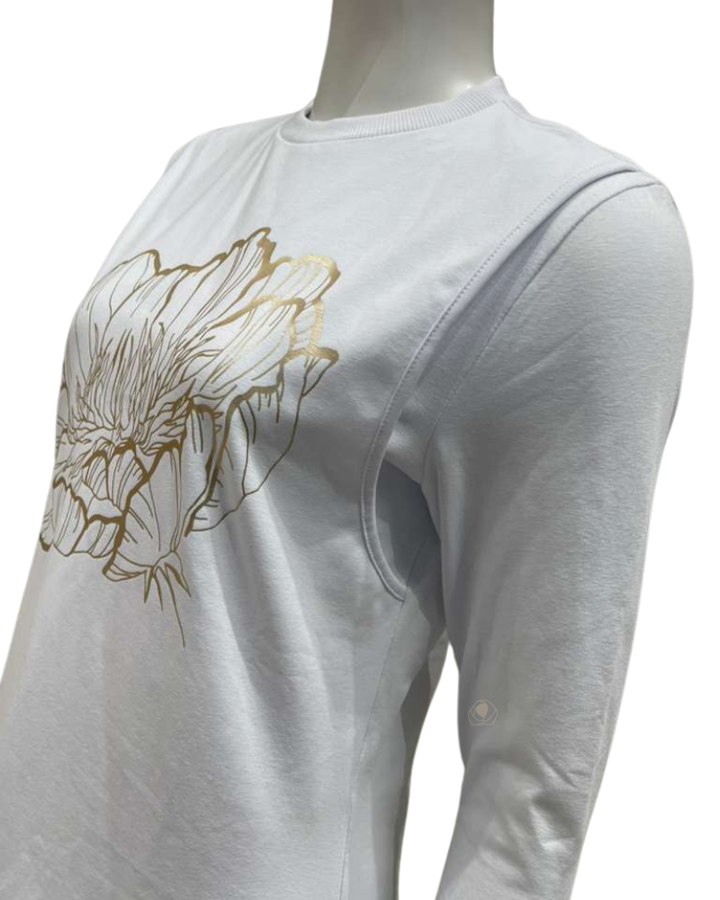 Pen-ky 12915 White with Gold Foil Blossoming Rose Cotton Coverall Nursing Nightgown Myselflingerie.com