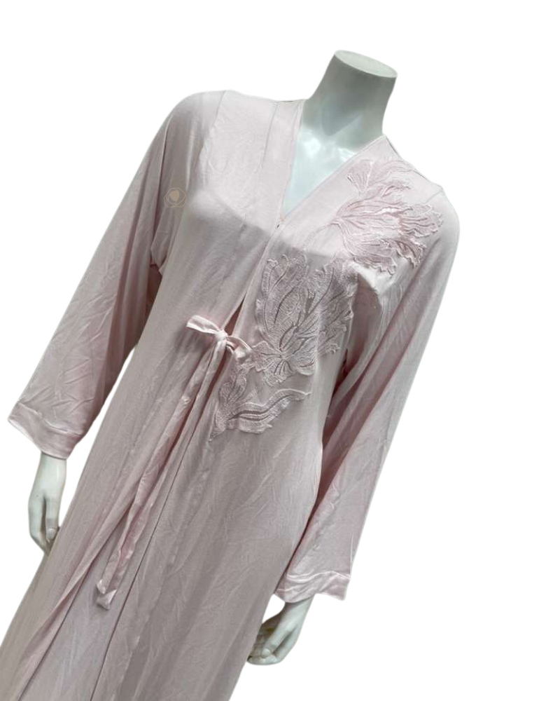Verdiani 4505 Soft Pink Sheer Lace Motifs Modal Wrap Morning Robe Myselflingerie.com
