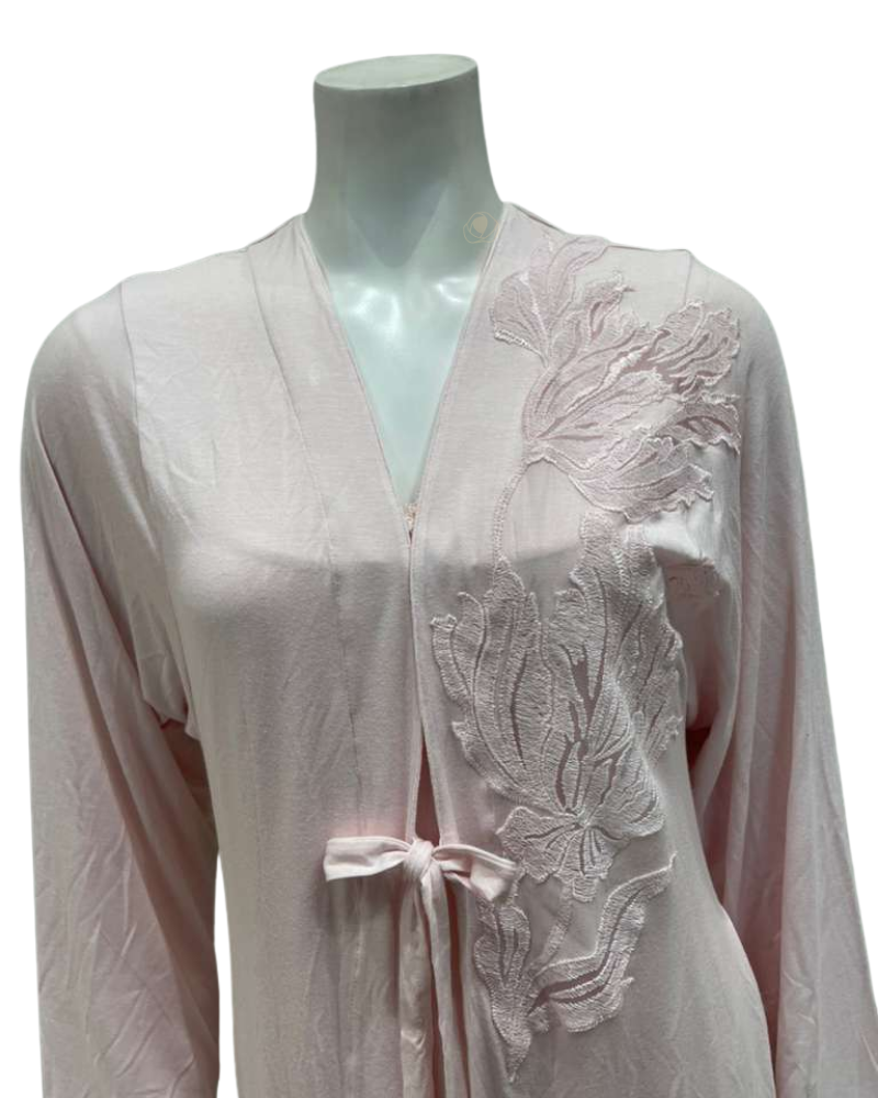 Verdiani 4505 Soft Pink Sheer Lace Motifs Modal Wrap Morning Robe Myselflingerie.com