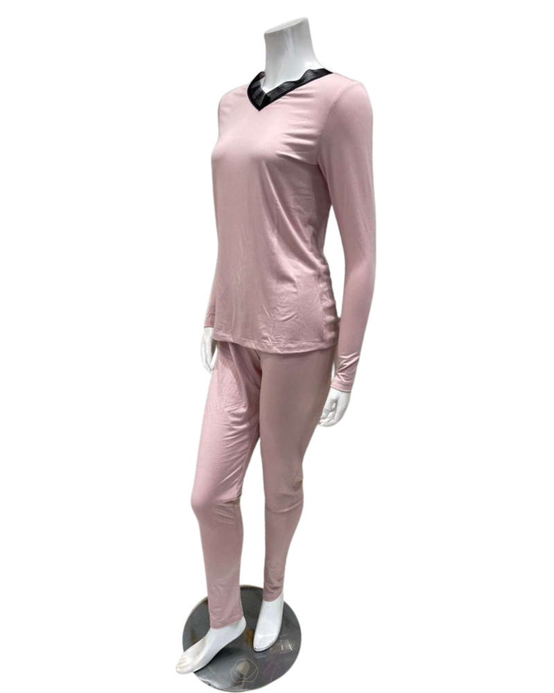 Jackie O'Loungewear VPJ-PNK-W27 Pink V Neck Long Sleeve Modal Pajamas Set Myselflingerie.com