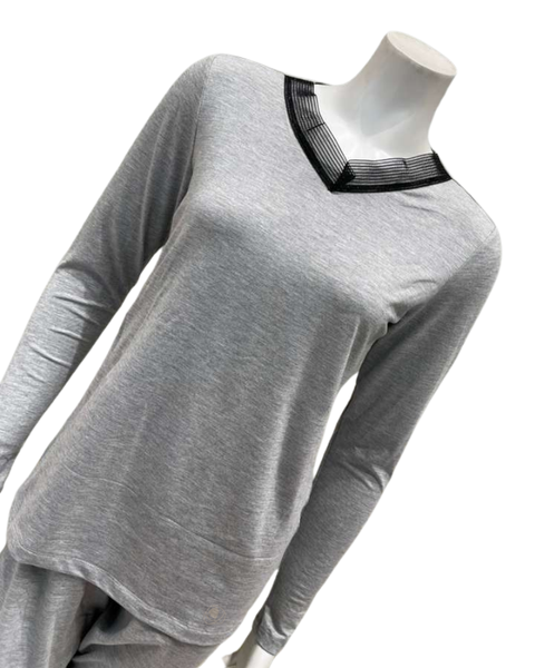 Jackie O'Loungewear Grey V Neck Long Sleeve Modal Pajamas Set Myselflingerie.com